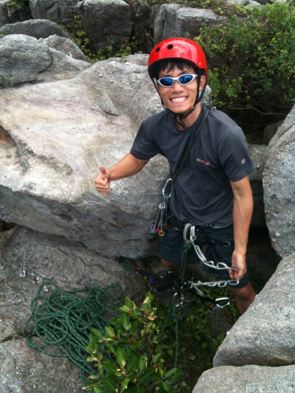 Wykeith happy with his anchor setup after climbing on 4 Presidents