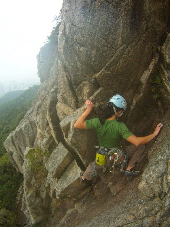 Kelly climbing on a beautiful 5.5 slab on a nice cool day