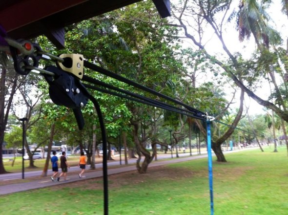 Using Rig as the brake, Rock Exotica Machined pulleys and a 11m rope. We got a 55m rope to great tension (East Coast park Stone table line)