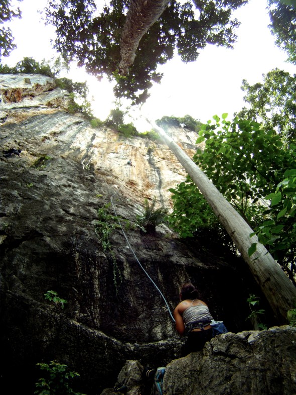 Kelly putting up warm up climb on Hot Tempered Guns 6b+