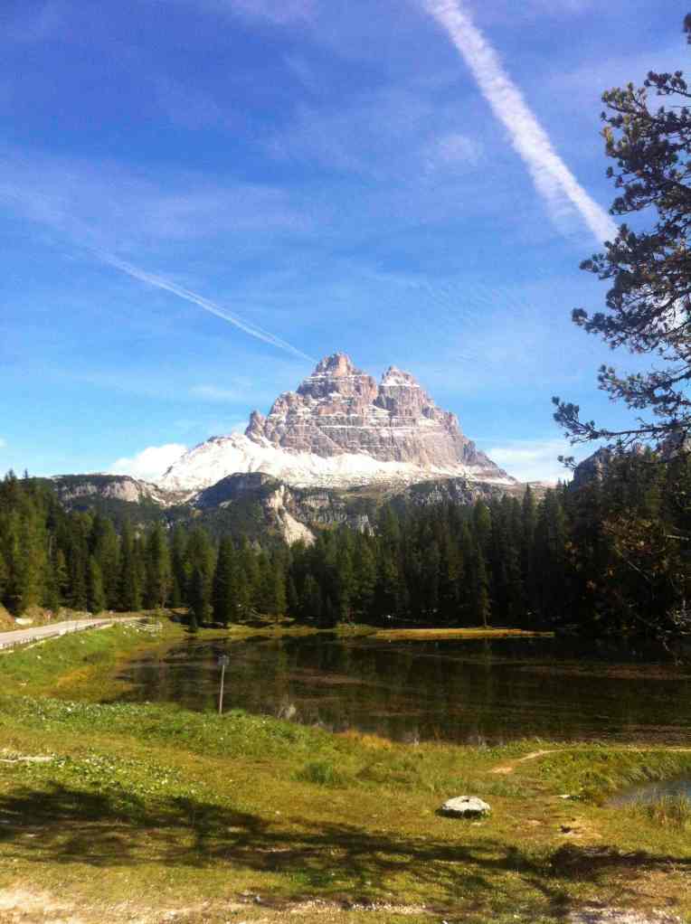 Tre Cime from the south with snow at the base and the top. Basically covering the approach and descent routes. 