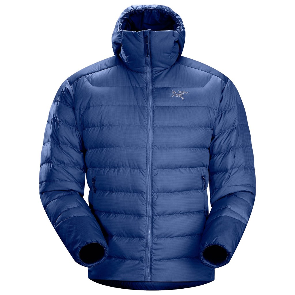 This down jacket features a hoody and synthetic insulation on the hem, collar, sleeves and underarms which are areas prone to moisture. 
