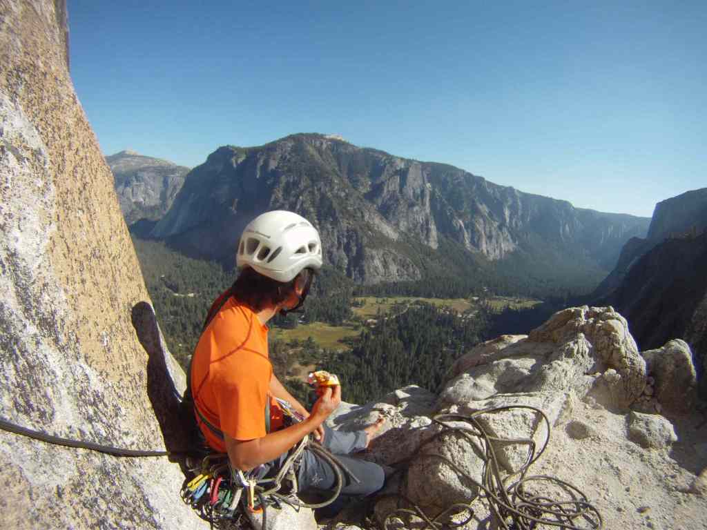 On the belays of Lost Arrow Spire in Yosemite Aug 2013