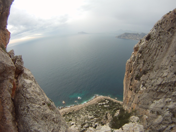 The view from pitch 4 of Coasta Blanca with the rain chasing us up the wall