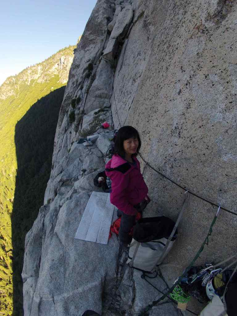 Kelly after a night's bivy on Lung's ledge 