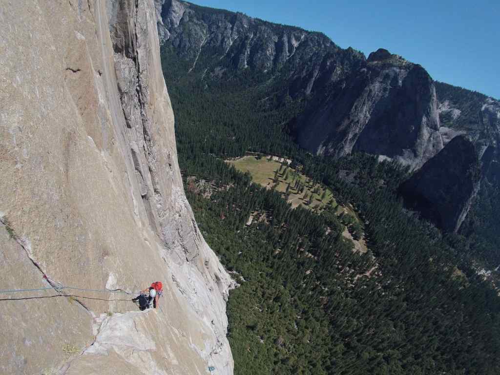 Kelly following on the easier 5.10 pitches after those scary wide climbing