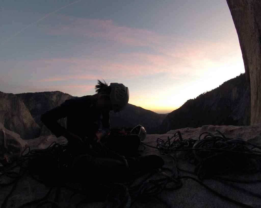 Getting to the ledge before sunset. (watch out for mouse on the El Cap Spire!)