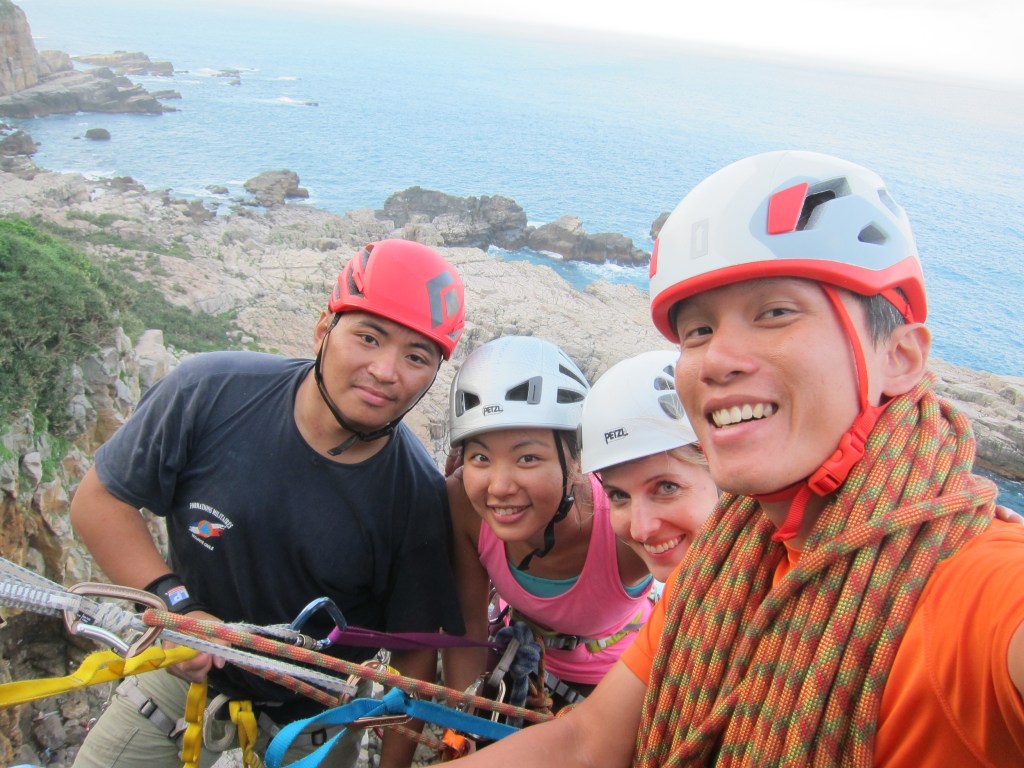 The crew up on a multi pitch completing their 5 day course combo! Good job!